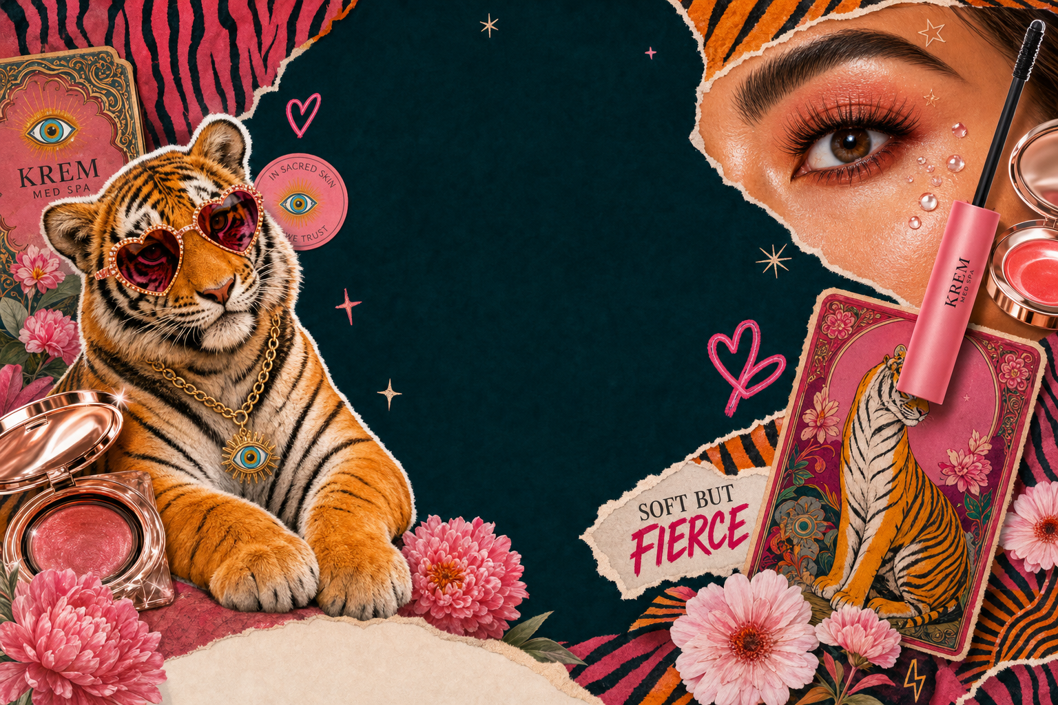 KREM Spa tiger, lash, makeup, and flower collage