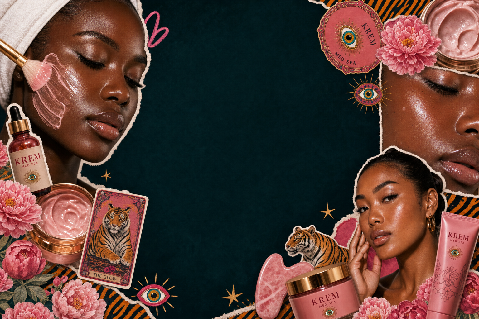 Black woman with very dark glowing skin in a KREM facial treatment collage